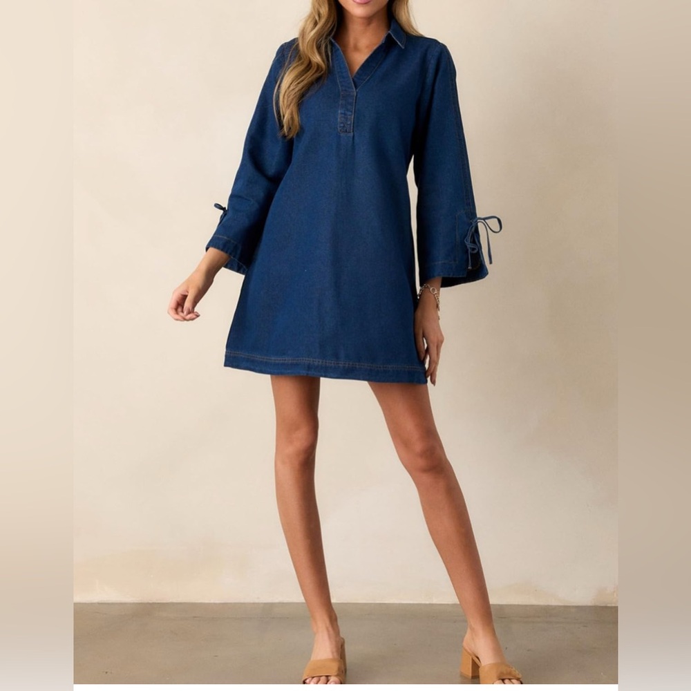 NWT Denim Shirt Dress V Neck Bell Long Sleeve Mini Casual A-line Jean Dress bow